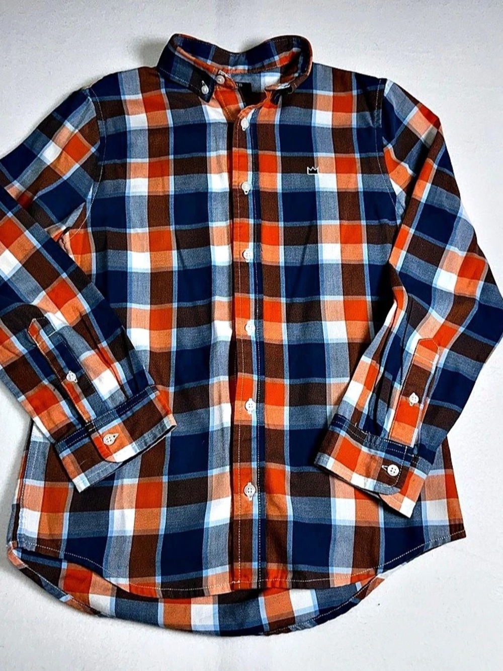 Crown & Ivy Boys Plaid Button Down in Blue & Orange Size Medium Like New